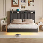 Cadre de lit flottant Whizmax avec lumières LED RVB et station de chargement, cadre de lit plateforme rembourré avec tête de lit de rangement de 50 po de hauteur
