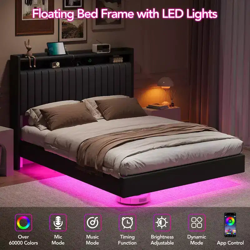 Cadre de lit flottant Whizmax avec lumières LED RVB et station de chargement, cadre de lit plateforme rembourré avec tête de lit de rangement de 50 po de hauteur