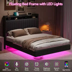 Cadre de lit flottant Whizmax avec lumières LED RVB et station de chargement, cadre de lit plateforme rembourré avec tête de lit de rangement de 50 po de hauteur