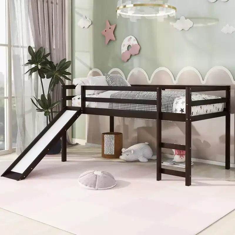 Lit mezzanine bas Whisen de 79,5L x 41,8l, élégant, de taille double, avec échelle intégrée et toboggan, conception multifonctionnelle