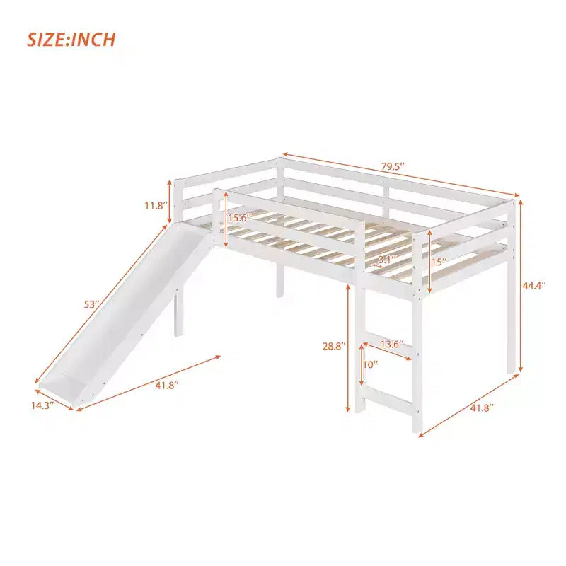 Lit mezzanine bas Whisen de 79,5L x 41,8l, élégant, de taille double, avec échelle intégrée et toboggan, conception multifonctionnelle