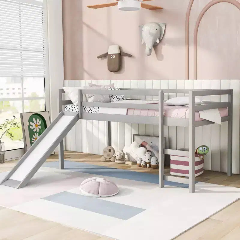 Lit mezzanine bas Whisen de 79,5L x 41,8l, élégant, de taille double, avec échelle intégrée et toboggan, conception multifonctionnelle