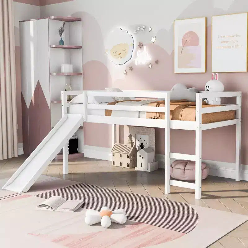 Lit mezzanine bas Whisen de 79,5L x 41,8l, élégant, de taille double, avec échelle intégrée et toboggan, conception multifonctionnelle