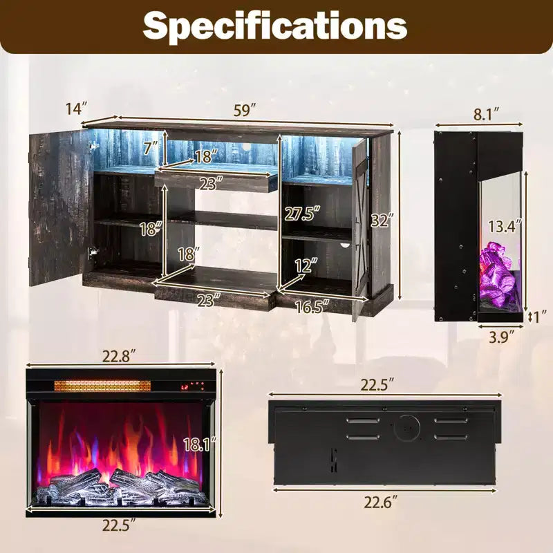 Meuble TV Costway 58" avec cheminée électrique à 3 côtés en verre de 23" et lumières LED 20 couleurs
