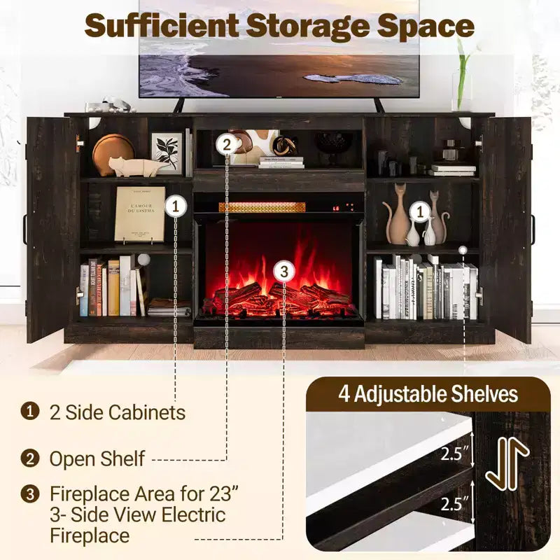 Meuble TV Costway 58" avec cheminée électrique à 3 côtés en verre de 23" et lumières LED 20 couleurs