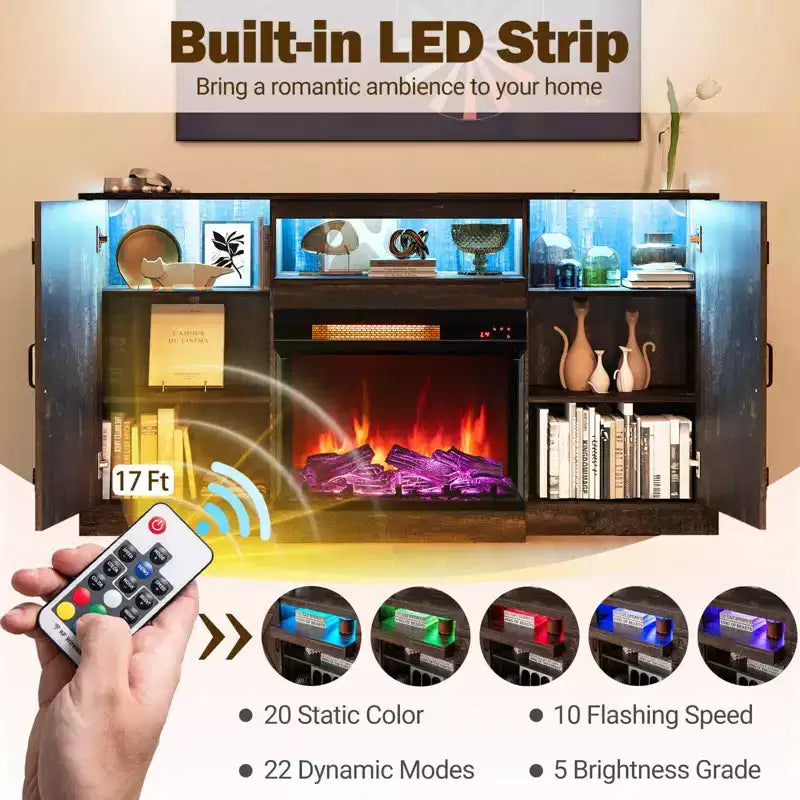 Meuble TV Costway 58" avec cheminée électrique à 3 côtés en verre de 23" et lumières LED 20 couleurs