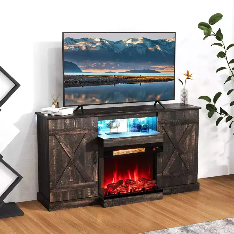 Meuble TV Costway 58" avec cheminée électrique à 3 côtés en verre de 23" et lumières LED 20 couleurs