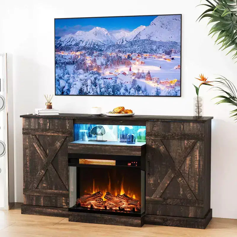Meuble TV Costway 58" avec cheminée électrique à 3 côtés en verre de 23" et lumières LED 20 couleurs