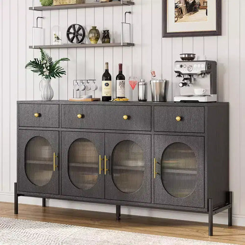 62 Large Sideboard Buffet Cabinet with Storage and 3 Drawers, Buffet Table Coffee Bar Storage Cabinet with 4 Glass Doors