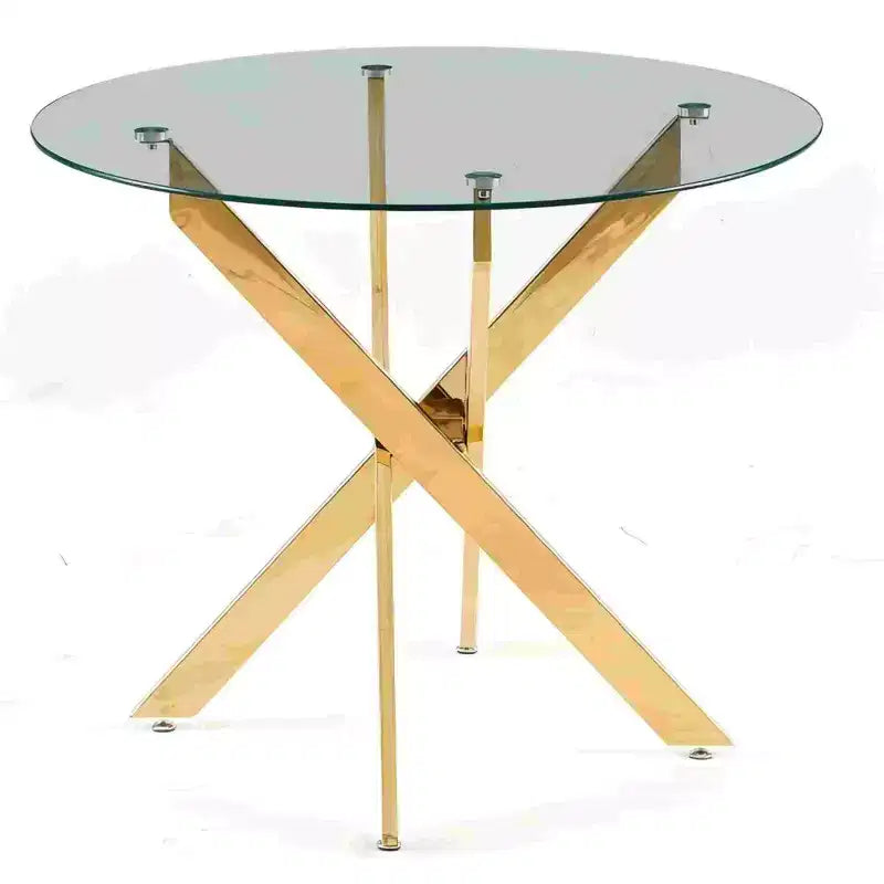 Table à manger en verre avec pieds métalliques croisés - Économiseur d'espace moderne