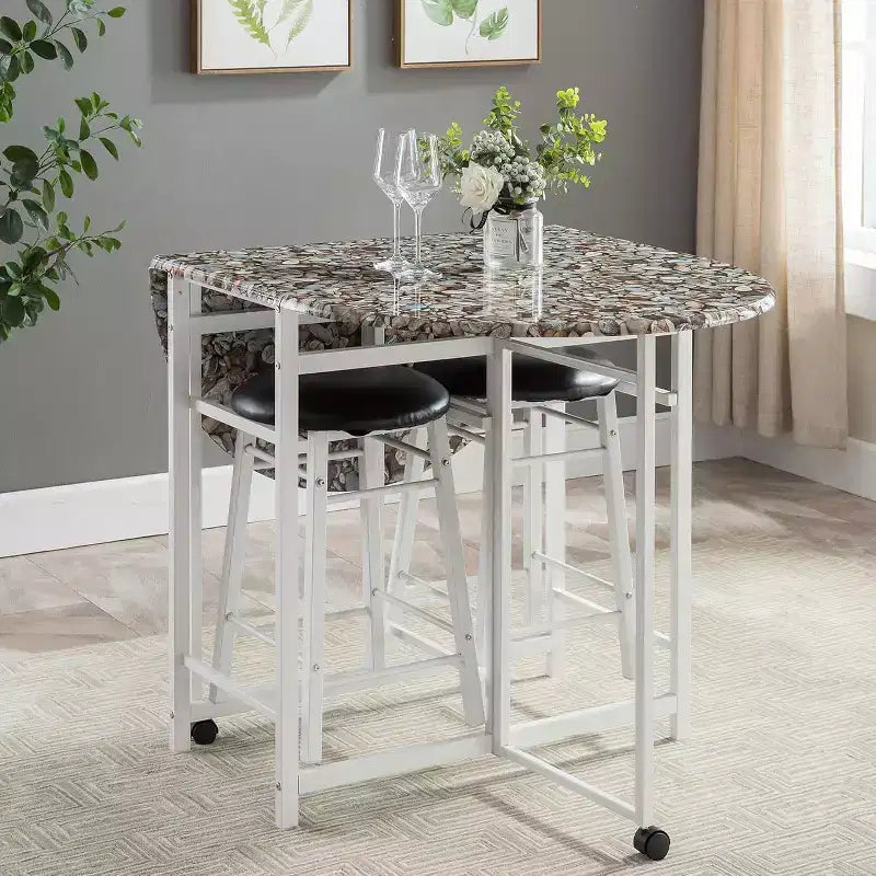 Kings Brand Furniture Ensemble de salle à manger 3 pièces Akins avec plateau de table imitation marbre et tabourets en similicuir à abattants