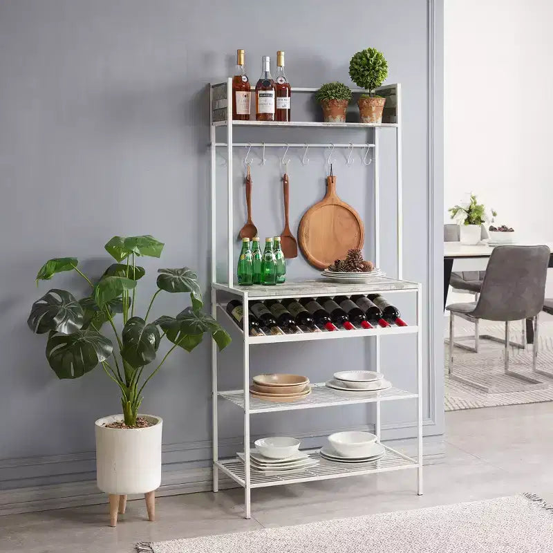 Kings Brand Furniture Meuble de Rangement de Cuisine Lindsay Gris Carrelé Étagère à Boulanger avec 9 Bouteilles de Vin et 8 Crochets