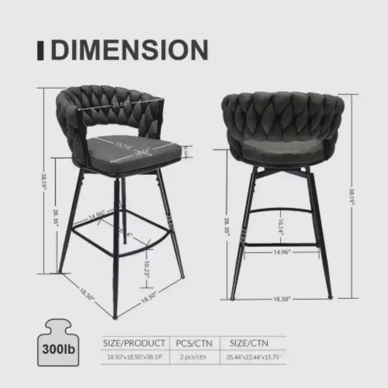 Tabourets de bar pivotants tissés en lin, lot de 2, chaises de cuisine avec dossier, repose-pieds, hauteur fixe