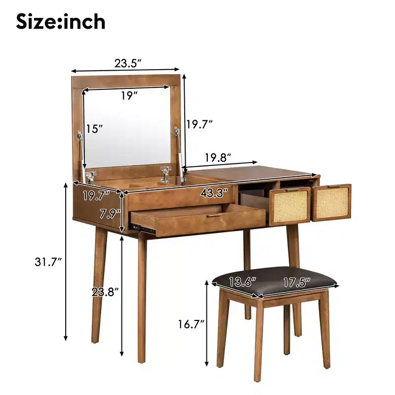 Whisen Coiffeuse Classique en Bois avec Miroir Rabattable et Tabouret