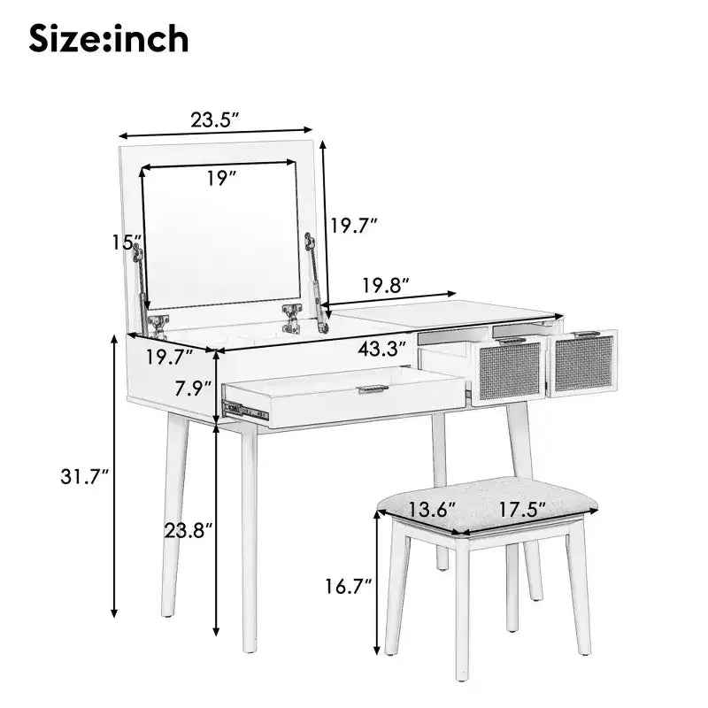 Whisen Coiffeuse Classique en Bois avec Miroir Rabattable et Tabouret