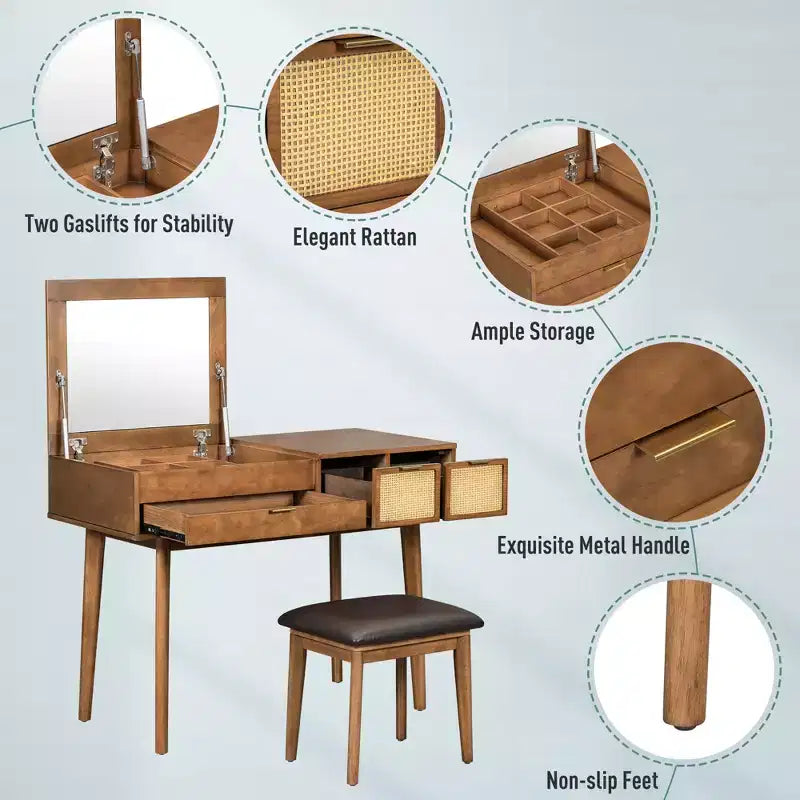 Whisen Coiffeuse Classique en Bois avec Miroir Rabattable et Tabouret