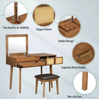 Whisen Coiffeuse Classique en Bois avec Miroir Rabattable et Tabouret