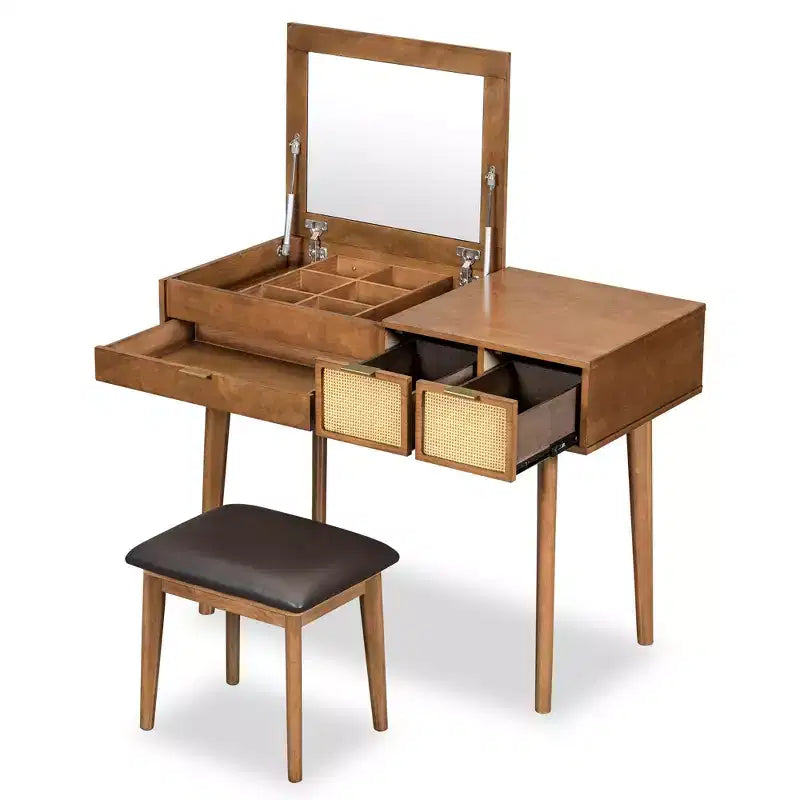 Whisen Coiffeuse Classique en Bois avec Miroir Rabattable et Tabouret