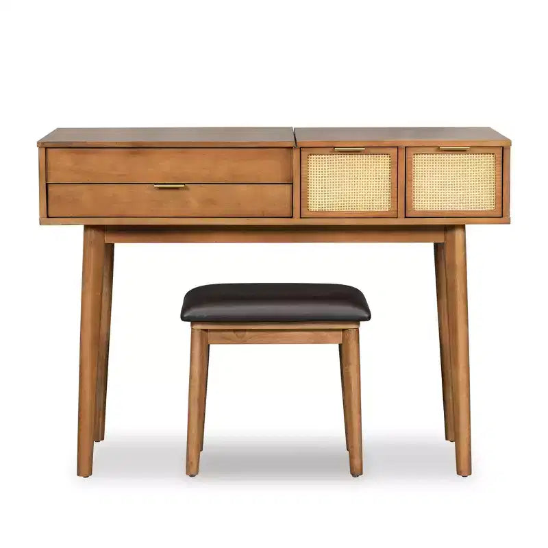 Whisen Coiffeuse Classique en Bois avec Miroir Rabattable et Tabouret