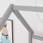 Lit simple en bois à profil bas avec toit en forme de maison et barrières de sécurité