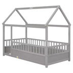 Lit simple en bois à profil bas avec toit en forme de maison et barrières de sécurité