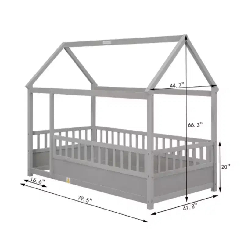 Lit simple en bois à profil bas avec toit en forme de maison et barrières de sécurité
