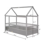 Lit simple en bois à profil bas avec toit en forme de maison et barrières de sécurité