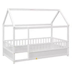 Lit simple en bois à profil bas avec toit en forme de maison et barrières de sécurité