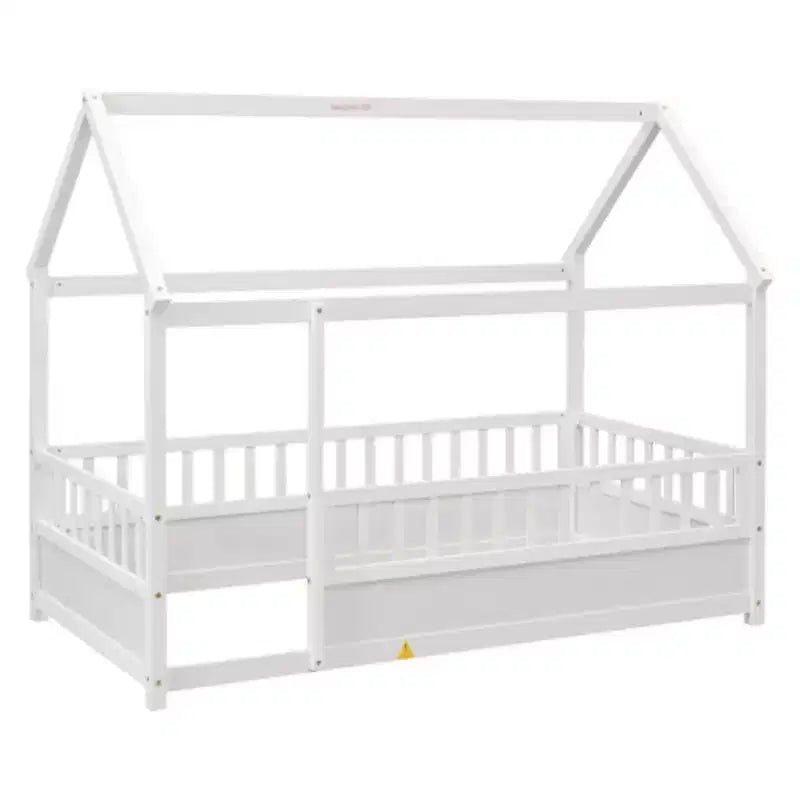 Lit simple en bois à profil bas avec toit en forme de maison et barrières de sécurité