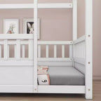 Lit simple en bois à profil bas avec toit en forme de maison et barrières de sécurité
