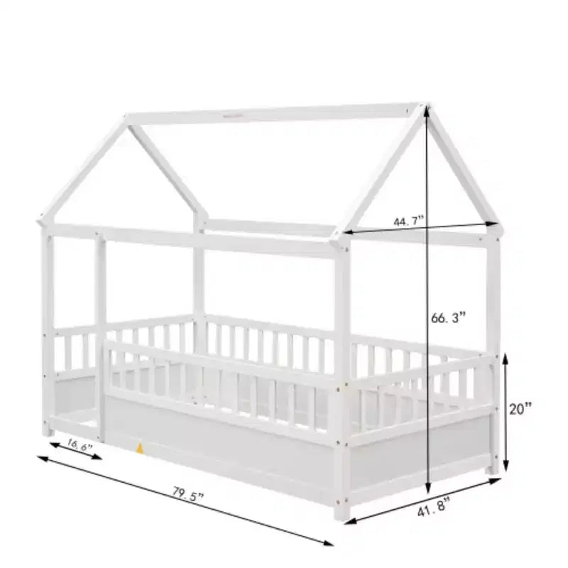 Lit simple en bois à profil bas avec toit en forme de maison et barrières de sécurité