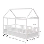 Lit simple en bois à profil bas avec toit en forme de maison et barrières de sécurité