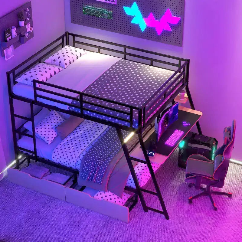 Lit superposé Whisen en métal pleine grandeur avec bureau et lumière intégrés et 2 tiroirs - Noir