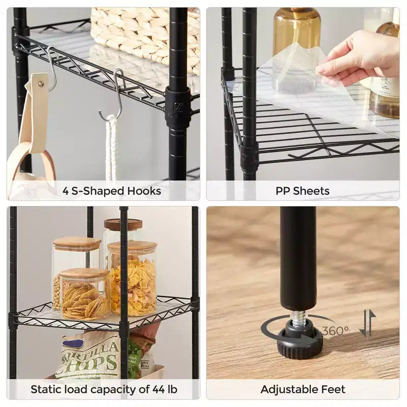 Étagères de rangement à 5 niveaux, étagère en fil métallique pour cuisine, étagère de rangement, étagères réglables, avec 8 crochets, pour garage, cuisine