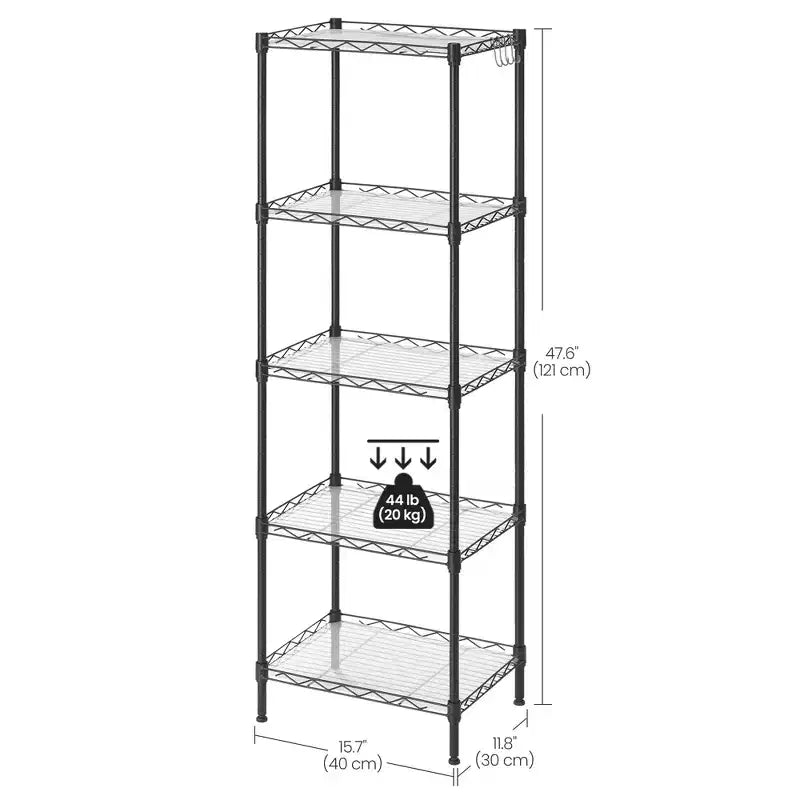 Étagères de rangement à 5 niveaux, étagère en fil métallique pour cuisine, étagère de rangement, étagères réglables, avec 8 crochets, pour garage, cuisine