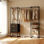 Armoire autoportante Robuste portant pour vêtements de 180 cm avec 1 tringle extensible, 2 tiroirs et 4 étagères, Marron rustique