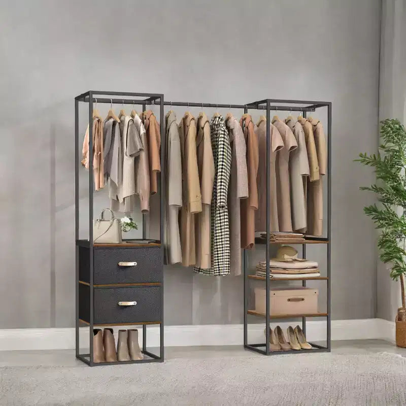 Armoire autoportante Robuste portant pour vêtements de 180 cm avec 1 tringle extensible, 2 tiroirs et 4 étagères, Marron rustique