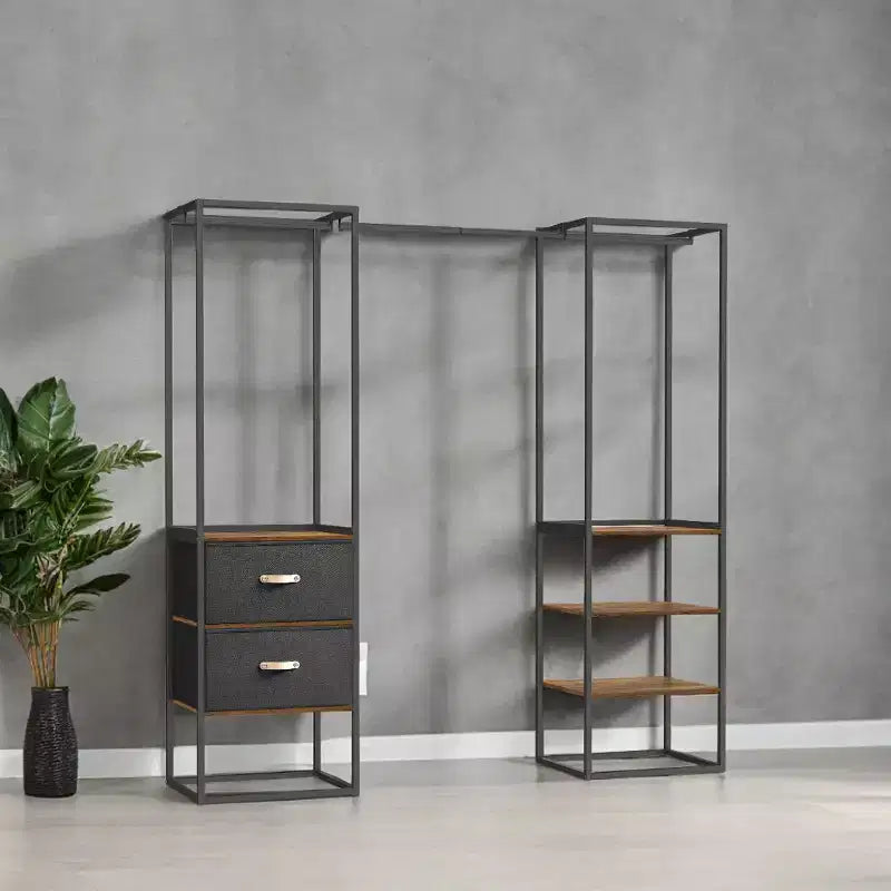 Armoire autoportante Robuste portant pour vêtements de 180 cm avec 1 tringle extensible, 2 tiroirs et 4 étagères, Marron rustique