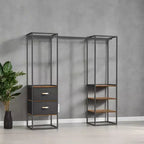Armoire autoportante Robuste portant pour vêtements de 180 cm avec 1 tringle extensible, 2 tiroirs et 4 étagères, Marron rustique