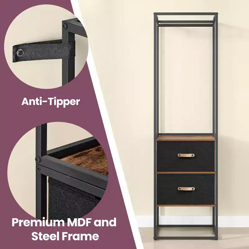 Armoire autoportante Robuste portant pour vêtements de 180 cm avec 1 tringle extensible, 2 tiroirs et 4 étagères, Marron rustique