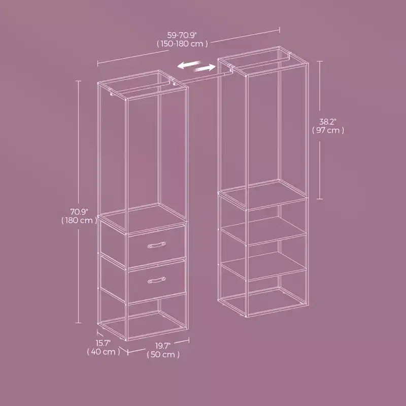 Armoire autoportante Robuste portant pour vêtements de 180 cm avec 1 tringle extensible, 2 tiroirs et 4 étagères, Marron rustique