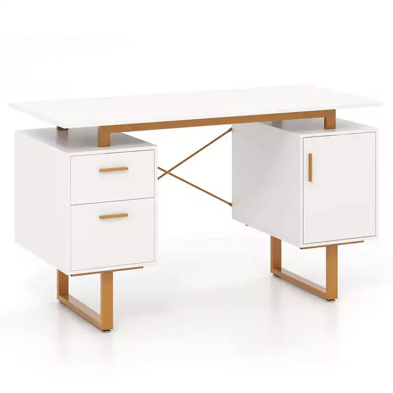 Costway Bureau d'ordinateur de 130 cm avec Plateau Flottant, Double Tiroirs et Meuble de Rangement, Cadre en Métal