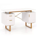 Costway Bureau d'ordinateur de 130 cm avec Plateau Flottant, Double Tiroirs et Meuble de Rangement, Cadre en Métal