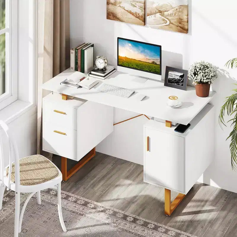Costway Bureau d'ordinateur de 130 cm avec Plateau Flottant, Double Tiroirs et Meuble de Rangement, Cadre en Métal