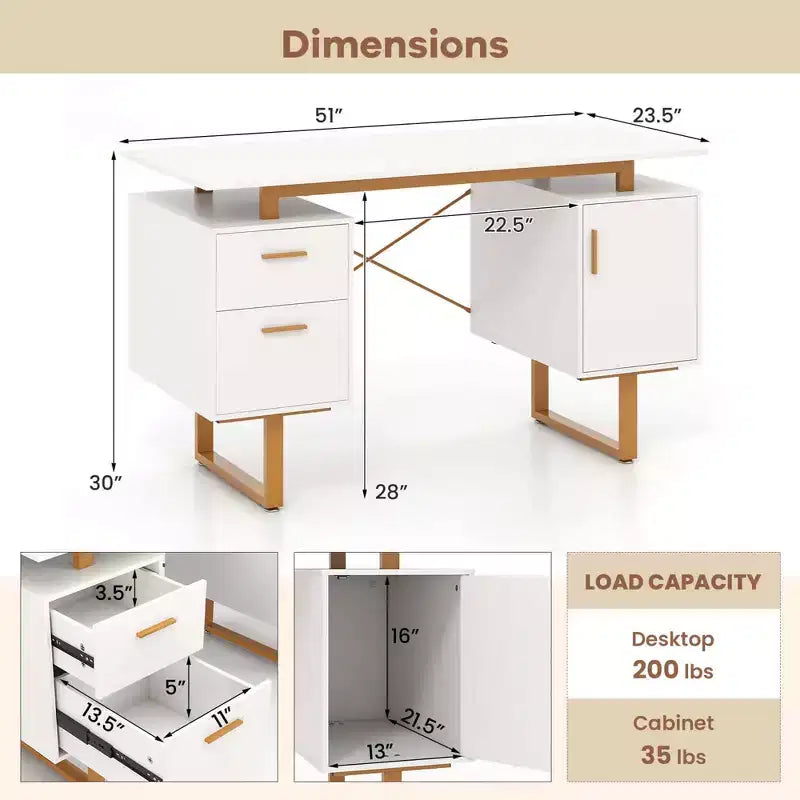 Costway Bureau d'ordinateur de 130 cm avec Plateau Flottant, Double Tiroirs et Meuble de Rangement, Cadre en Métal