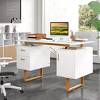 Costway Bureau d'ordinateur de 130 cm avec Plateau Flottant, Double Tiroirs et Meuble de Rangement, Cadre en Métal