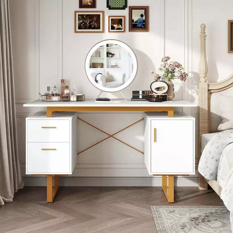 Costway Bureau d'ordinateur de 130 cm avec Plateau Flottant, Double Tiroirs et Meuble de Rangement, Cadre en Métal