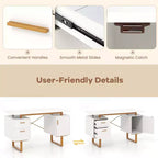 Costway Bureau d'ordinateur de 130 cm avec Plateau Flottant, Double Tiroirs et Meuble de Rangement, Cadre en Métal