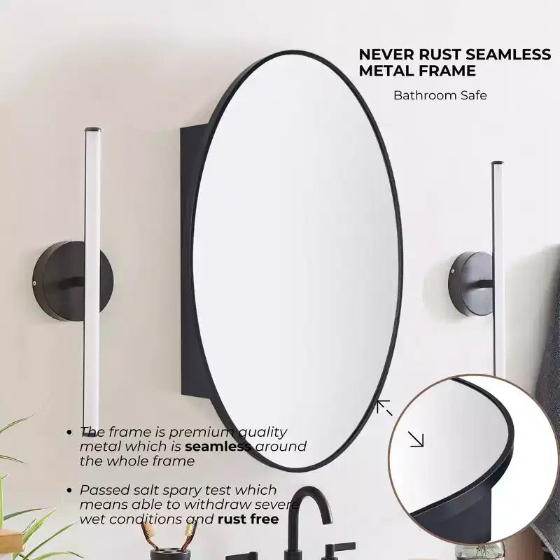 Meuble de salle de bain mural ovale noir TEHOME Cedar avec miroir, meuble de rangement de salle de bain ovale encadré en métal 20x30''