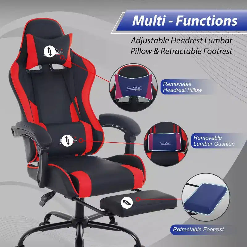 FDW Chaise de jeu Chaise de bureau de course avec repose-pieds Support lombaire Appui-tête Accoudoir Chaise de gamer PC réglable à roulettes pivotante